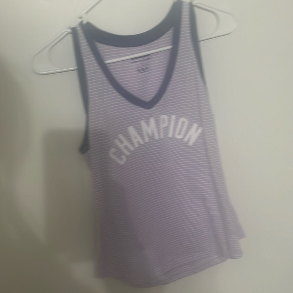 Champion, purple tank top with stripes with dark purple lining